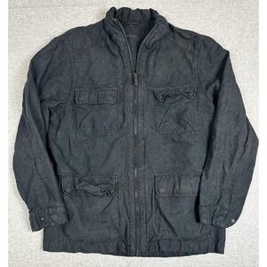 Derby Jacket Men XL Black Linen Military Field Zip Pockets Collared Casual Cargo